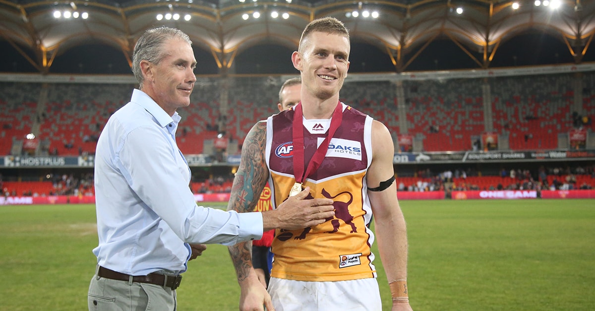 web potr round 22 2018.jpg :Dayne Beams of the lions celebrates winning the Marcus Ashcroft Medal in QClash 16. - Brisbane Lions